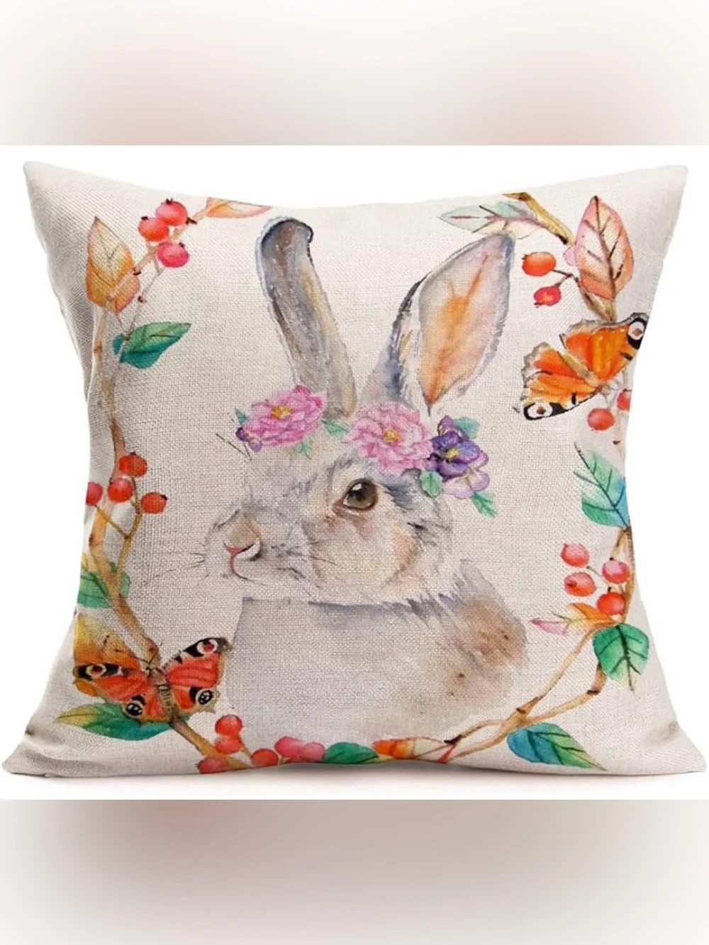 NWOT Decorative Throw Pillow Cover Rabbit Butterflies Vine Wreath Easter Spring
